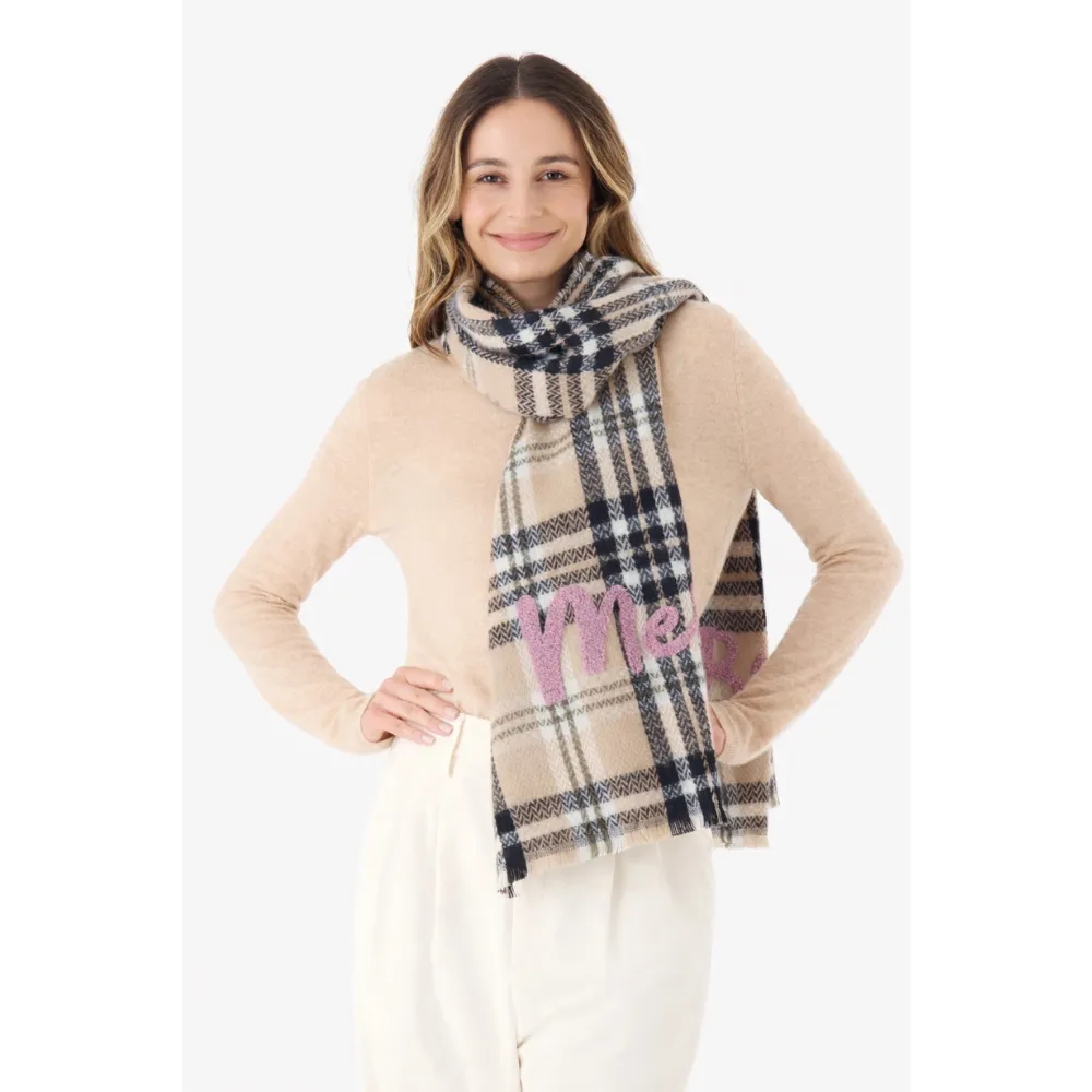 Codello Schal mit Karomuster und Statement-Stickerei Farbe Beige – Bild 3